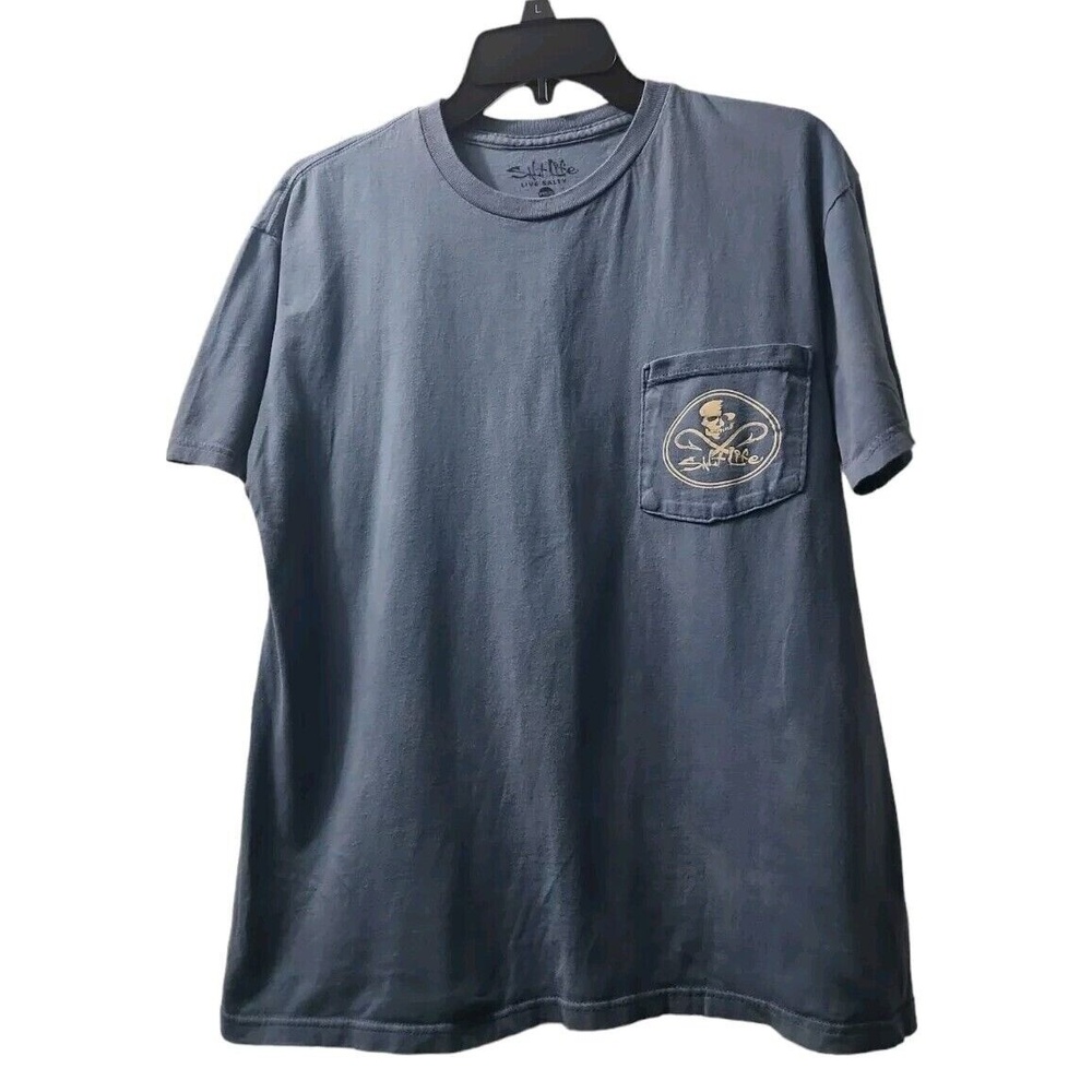 Salt Life Graphic T-Shirt Skull Fish Hook Pocket Tee Casual Blue